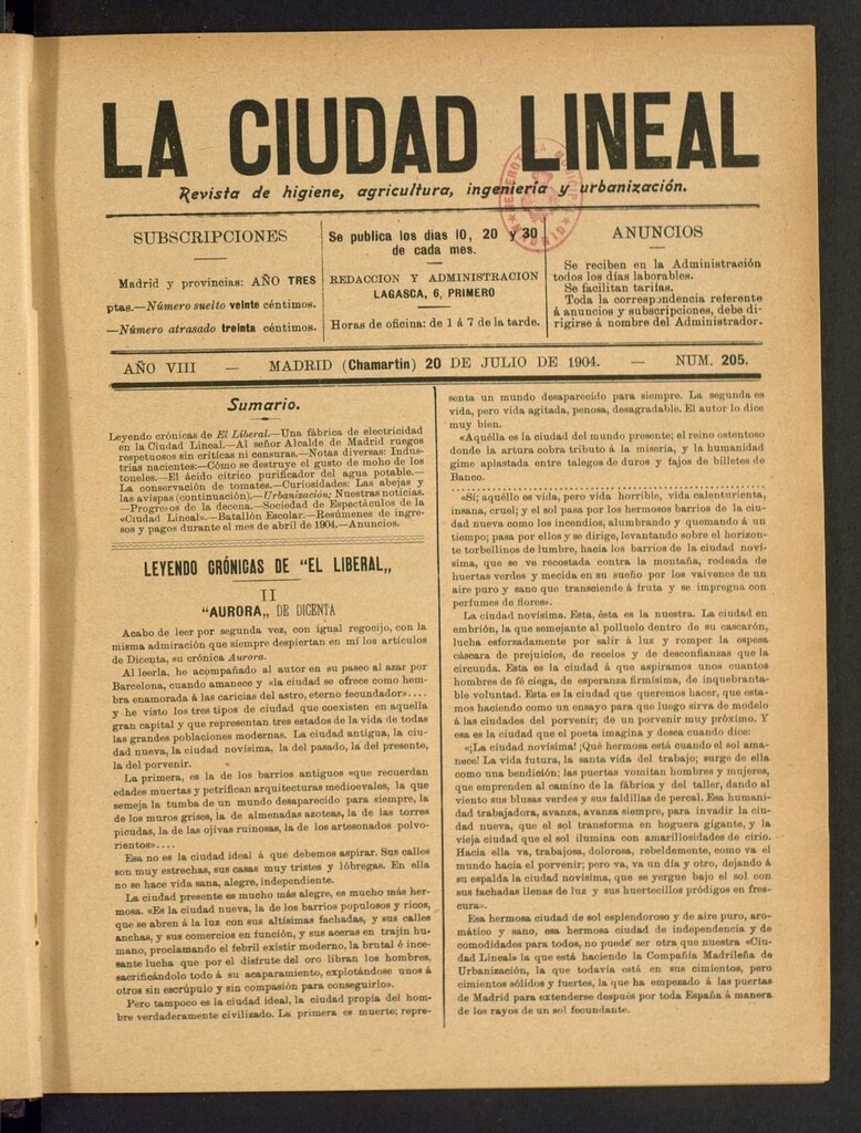 Miniatura de La Ciudad Lineal : órgano oficial de la Compañía Madrileña de Urbanización del 20 de julio de 1904