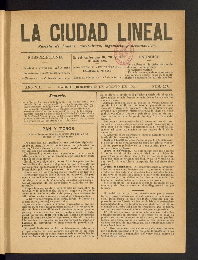 Miniatura de La Ciudad Lineal : órgano oficial de la Compañía Madrileña de Urbanización del 10 de agosto de 1904