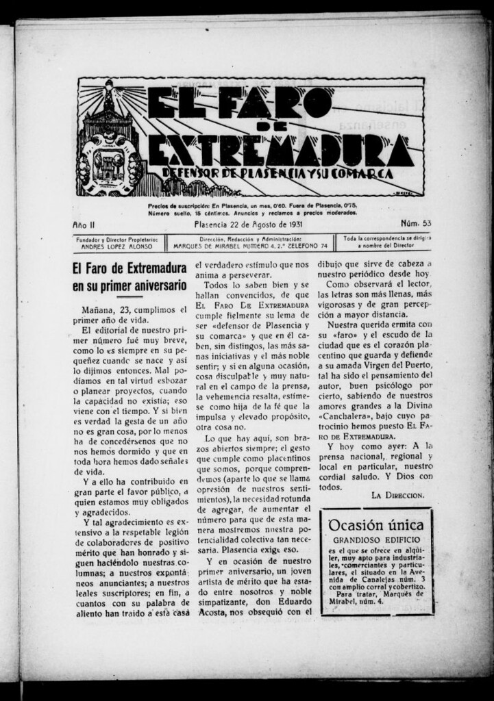 Miniatura de El Faro de Extremadura del 22 de agosto de 1931, nº 53