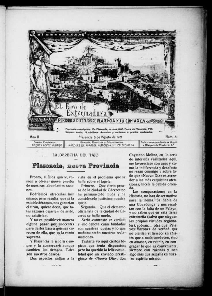 Miniatura de El Faro de Extremadura : periódico defensor de Plasencia y su comarca del 8 de agosto de 1931, nº 51