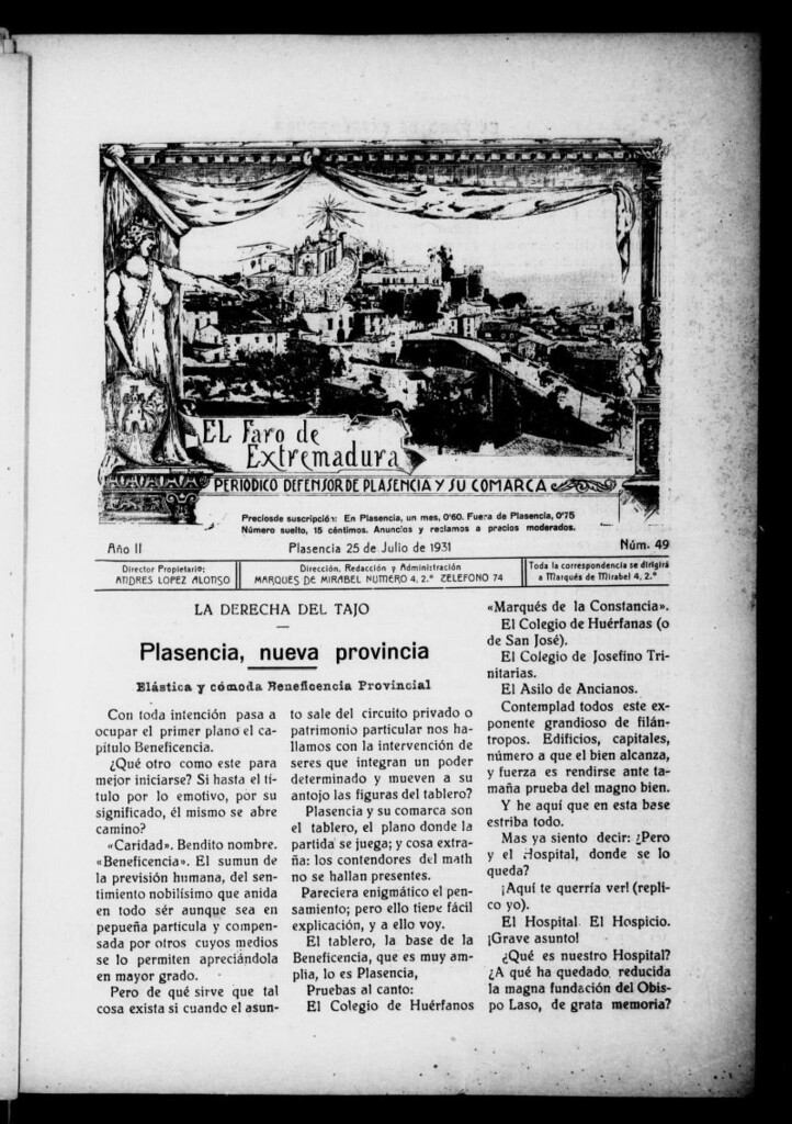 Miniatura de El Faro de Extremadura : periódico defensor de Plasencia y su comarca del 25 de julio de 1931, nº 49