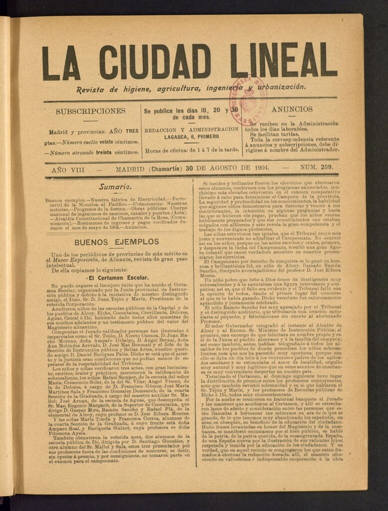 Miniatura de La Ciudad Lineal : órgano oficial de la Compañía Madrileña de Urbanización del 30 de agosto de 1904