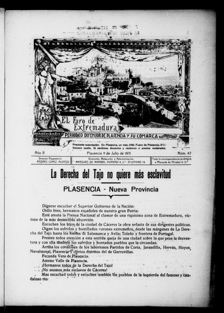 Miniatura de El Faro de Extremadura : periódico defensor de Plasencia y su comarca del 11 de julio de 1931, nº 47