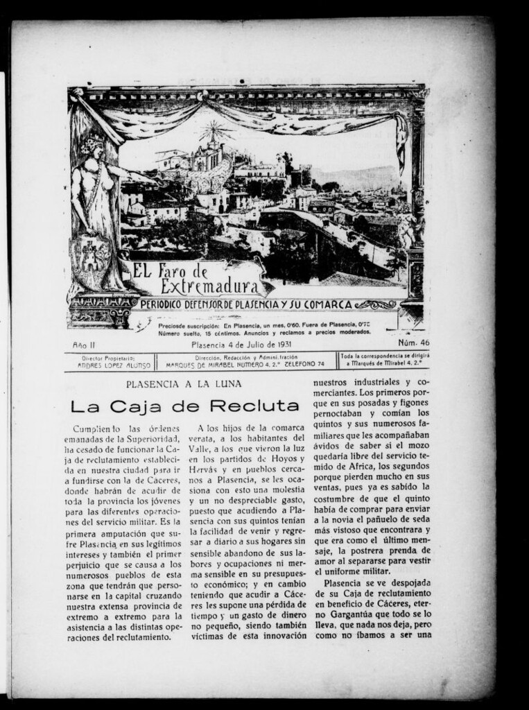 Miniatura de El Faro de Extremadura : periódico defensor de Plasencia y su comarca del 4 de julio de 1931, nº 46