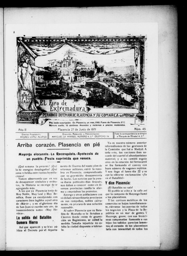 Miniatura de El Faro de Extremadura : periódico defensor de Plasencia y su comarca del 27 de junio de 1931, nº 45