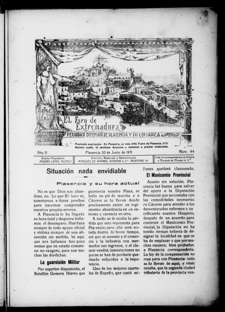 Miniatura de El Faro de Extremadura : periódico defensor de Plasencia y su comarca del 20 de junio de 1931, nº 44