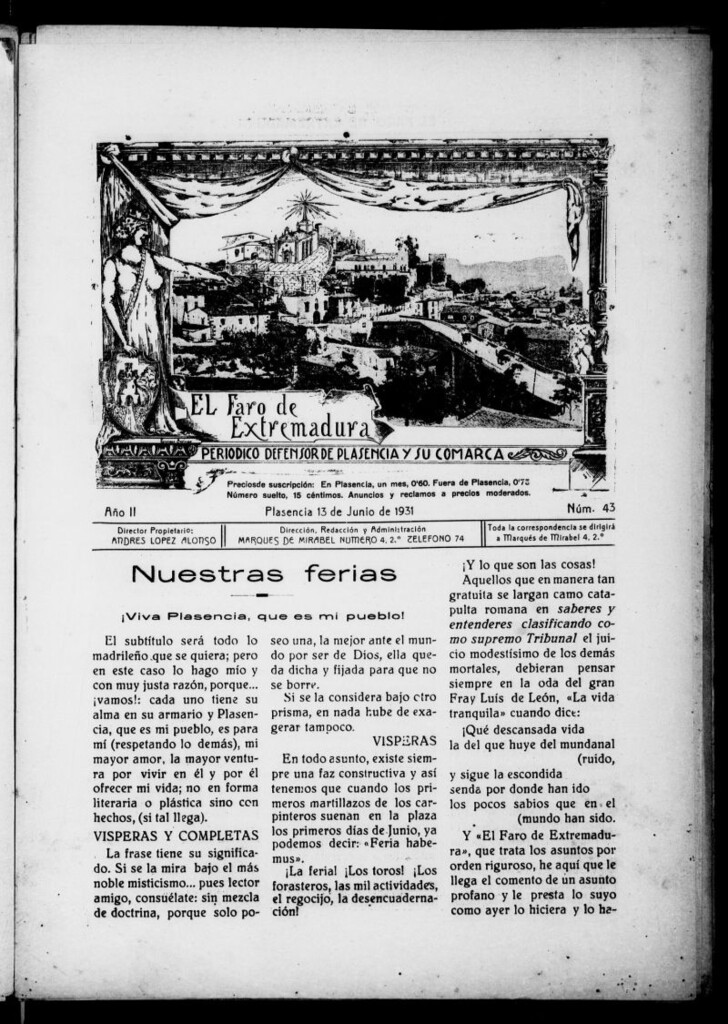 Miniatura de El Faro de Extremadura : periódico defensor de Plasencia y su comarca del 13 de junio de 1931, nº 43