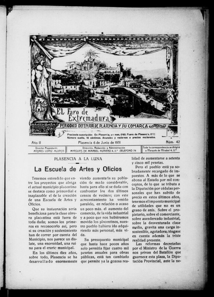 Miniatura de El Faro de Extremadura : periódico defensor de Plasencia y su comarca del 6 de junio de 1931, nº 42