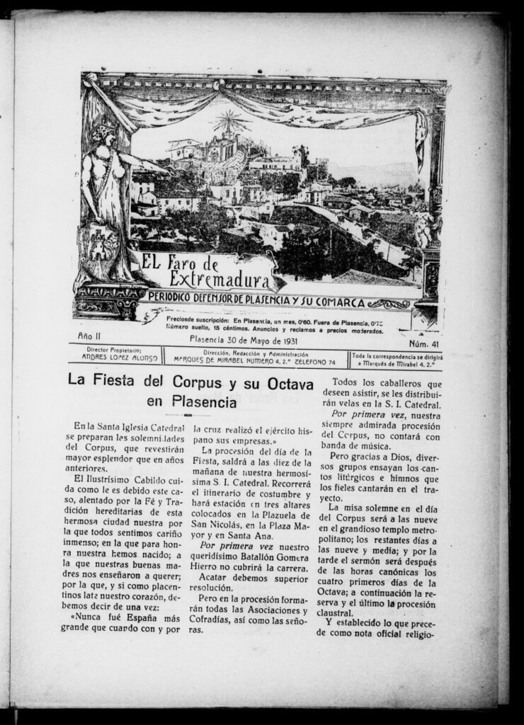 Miniatura de El Faro de Extremadura : periódico defensor de Plasencia y su comarca del 30 de mayo de 1931, nº 41