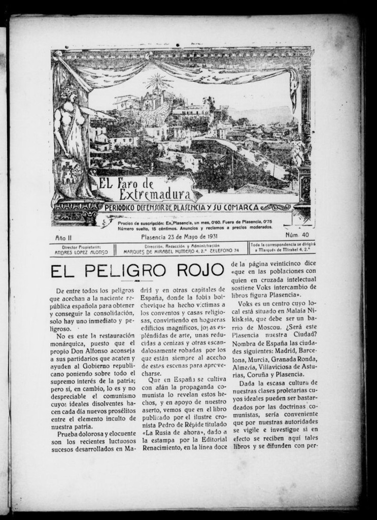 Miniatura de El Faro de Extremadura : periódico defensor de Plasencia y su comarca del 23 de mayo de 1931, nº 40