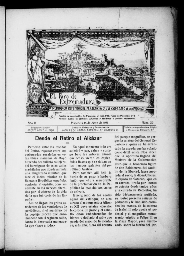 Miniatura de El Faro de Extremadura : periódico defensor de Plasencia y su comarca del 16 de mayo de 1931, nº 39