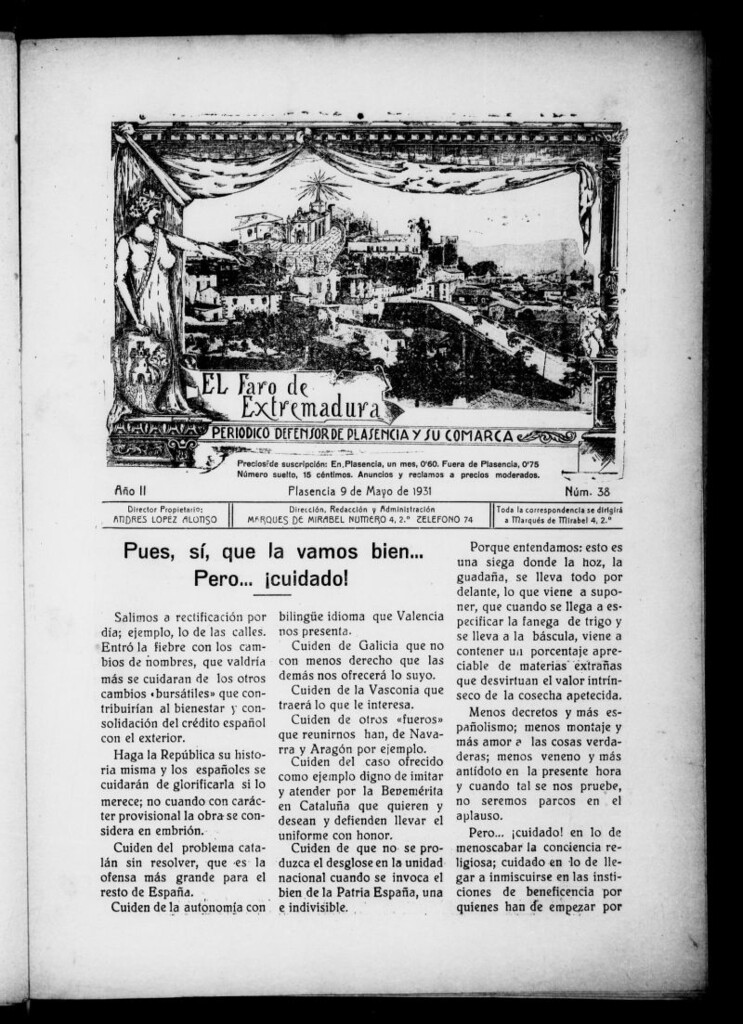 Miniatura de El Faro de Extremadura : periódico defensor de Plasencia y su comarca del 9 de mayo de 1931, nº 38