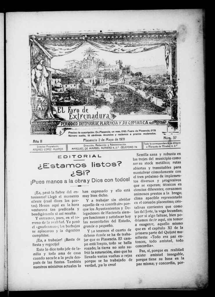 Miniatura de El Faro de Extremadura : periódico defensor de Plasencia y su comarca del 2 de mayo de 1931, nº 37