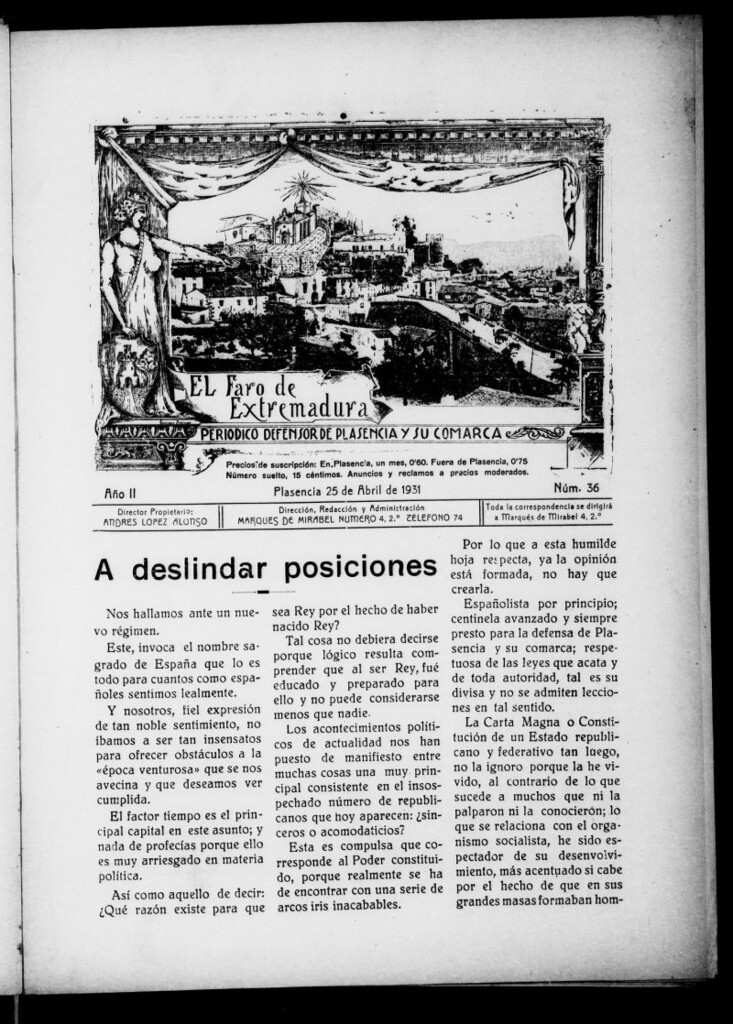 Miniatura de El Faro de Extremadura : periódico defensor de Plasencia y su comarca del 25 de abril de 1931, nº 36