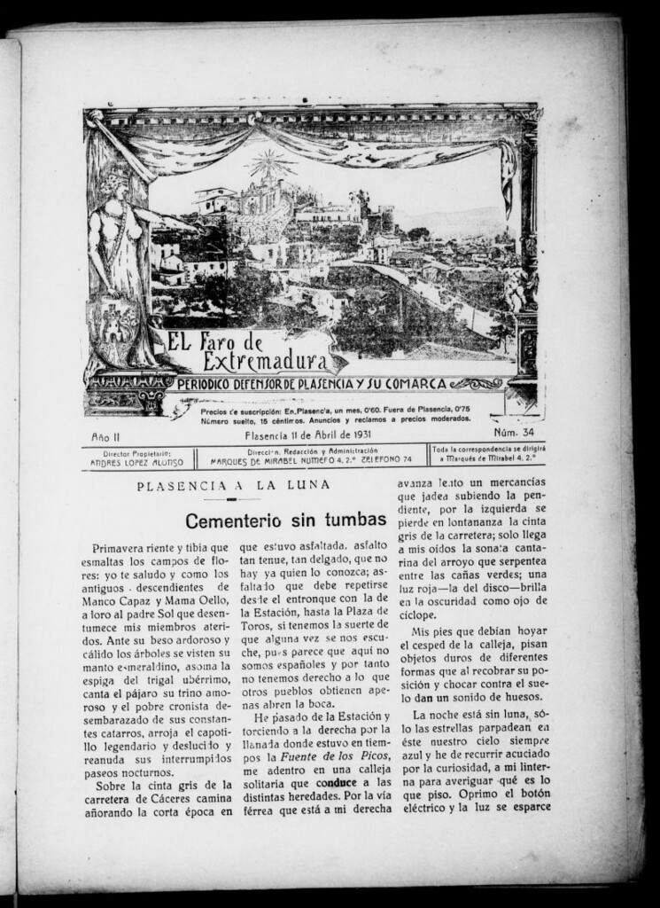Miniatura de El Faro de Extremadura : periódico defensor de Plasencia y su comarca del 11 de abril de 1931, nº 34