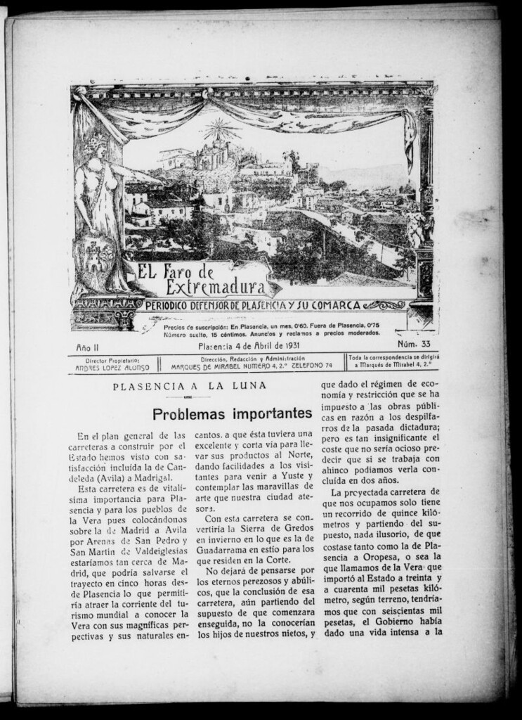 Miniatura de El Faro de Extremadura : periódico defensor de Plasencia y su comarca del 4 de abril de 1931, nº 33