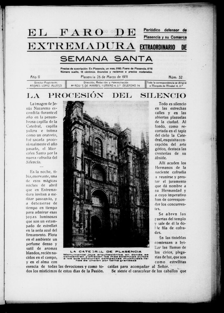 Miniatura de El Faro de Extremadura : periódico defensor de Plasencia y su comarca del 28 de marzo de 1931, nº 32