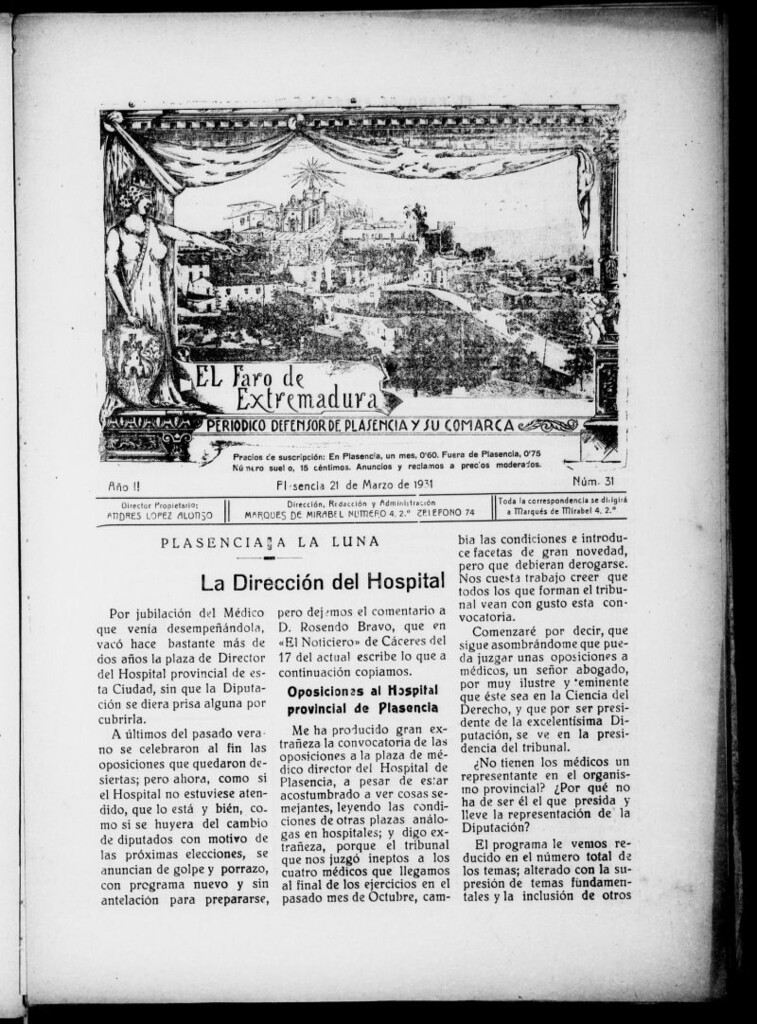 Miniatura de El Faro de Extremadura : periódico defensor de Plasencia y su comarca del 21 de marzo de 1931, nº 31