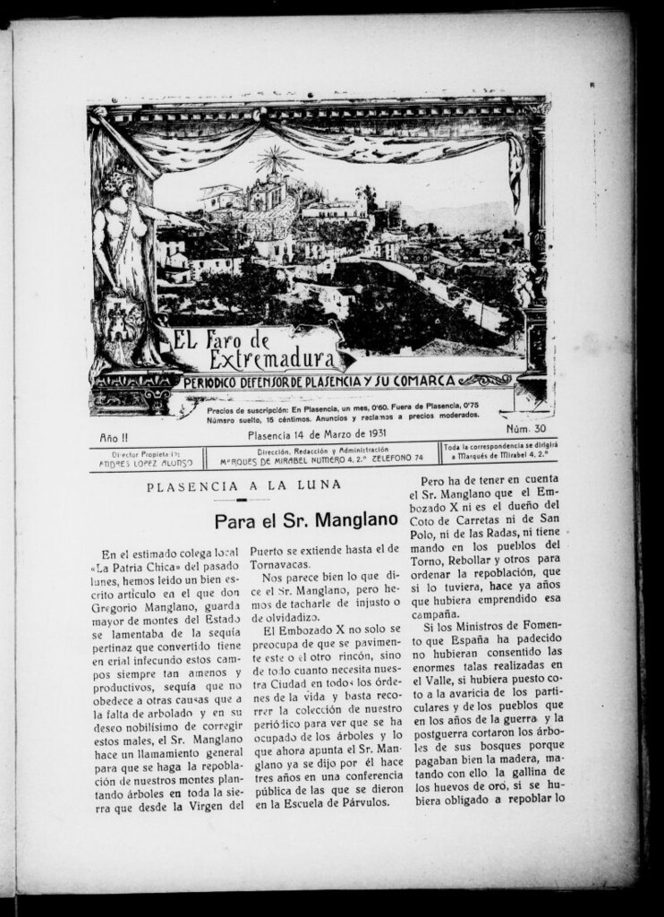 Miniatura de El Faro de Extremadura : periódico defensor de Plasencia y su comarca del 14 de marzo de 1931, nº 30