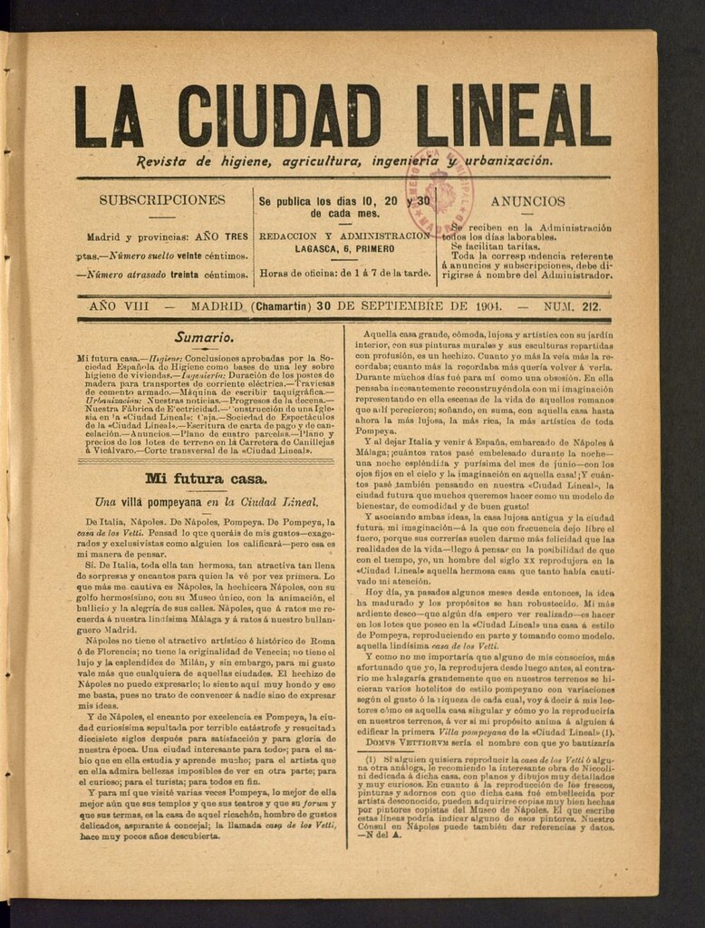 Miniatura de La Ciudad Lineal : órgano oficial de la Compañía Madrileña de Urbanización del 30 de septiembre de 1904