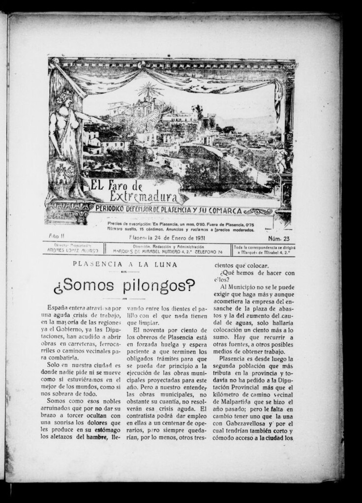 Miniatura de El Faro de Extremadura : periódico defensor de Plasencia y su comarca del 24 de enero de 1931, nº 23