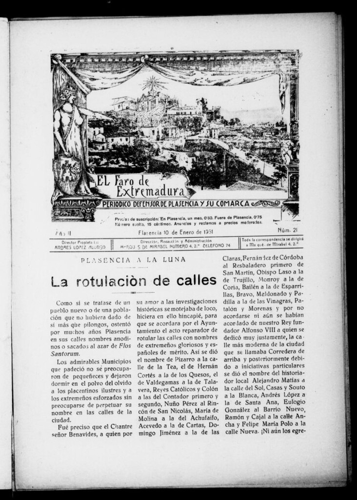 Miniatura de El Faro de Extremadura : periódico defensor de Plasencia y su comarca del 10 de enero de 1931, nº 21