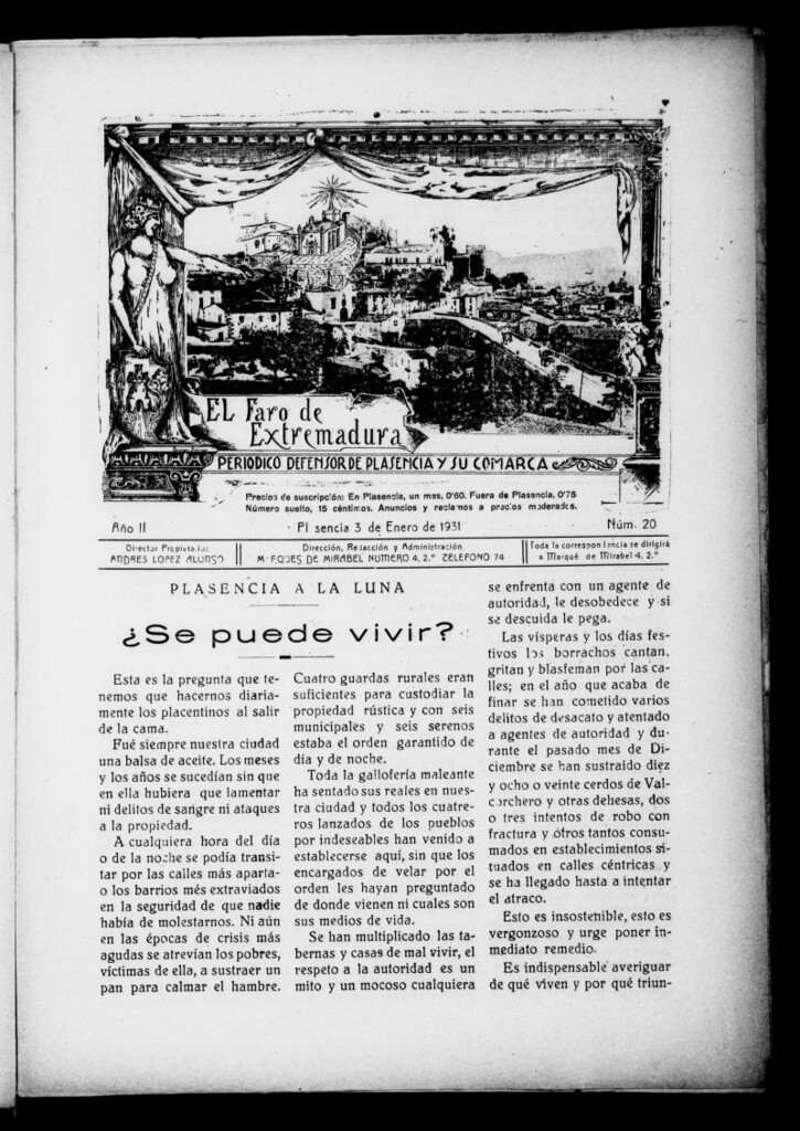 Miniatura de El Faro de Extremadura : periódico defensor de Plasencia y su comarca del 3 de enero de 1931, nº 20