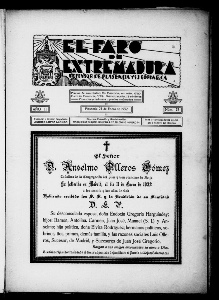 Miniatura de El Faro de Extremadura : periódico defensor de Plasencia y su comarca del 23 de enero de 1932, nº 75
