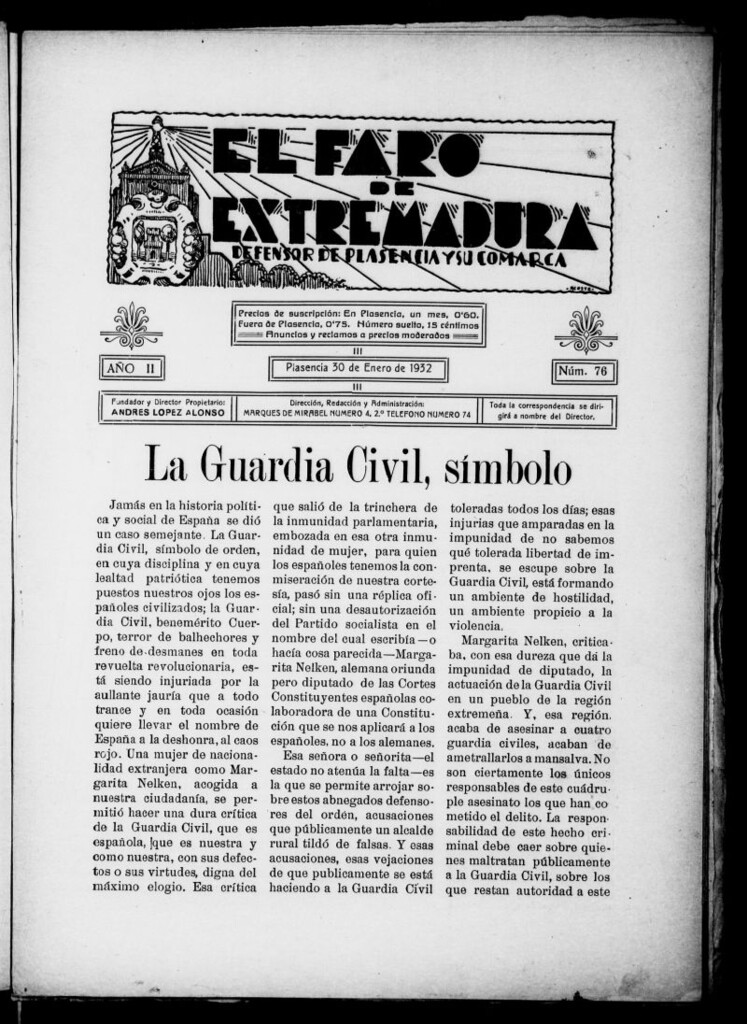 Miniatura de El Faro de Extremadura : periódico defensor de Plasencia y su comarca del 30 de enero de 1932, nº 76