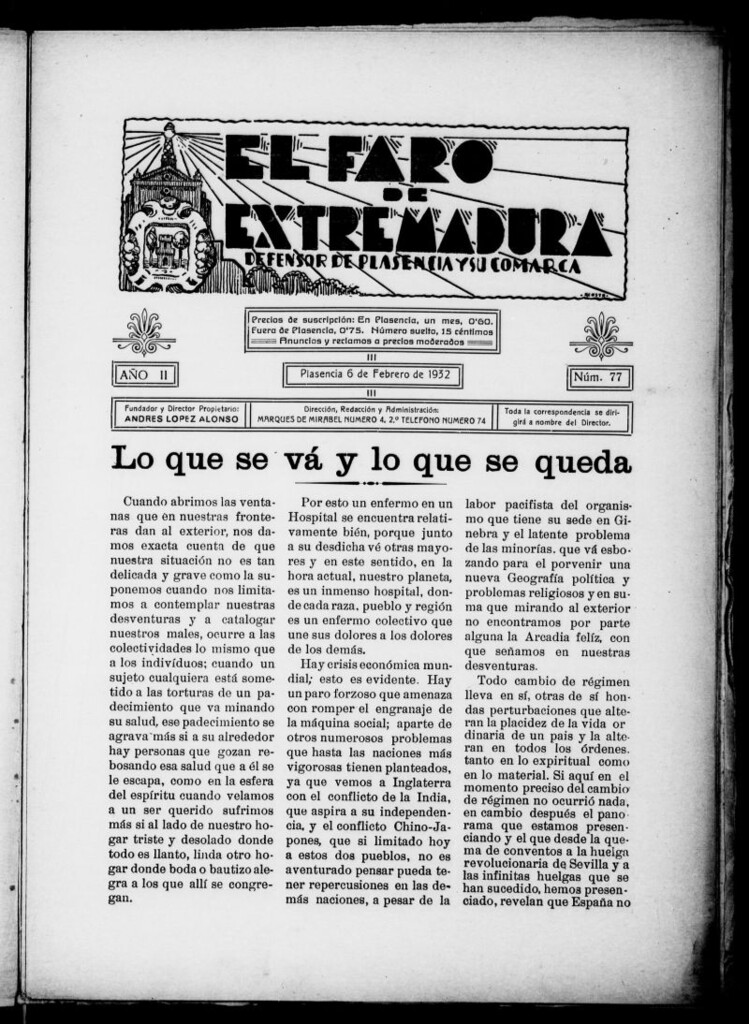 Miniatura de El Faro de Extremadura del 6 de febrero de 1932, nº 77