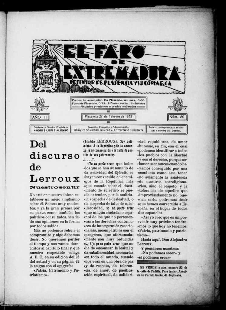 Miniatura de El Faro de Extremadura del 27 de febrero de 1932, nº 80