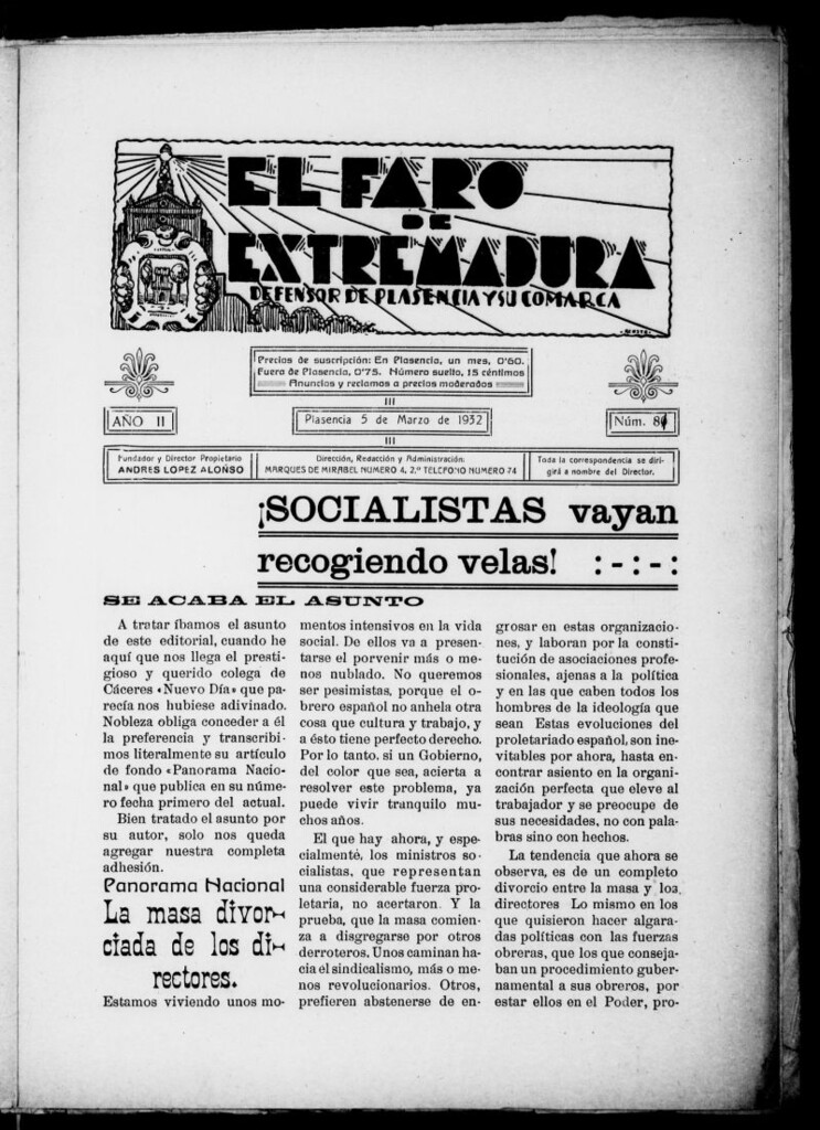 Miniatura de El Faro de Extremadura : periódico defensor de Plasencia y su comarca del 5 de marzo de 1932, nº 81