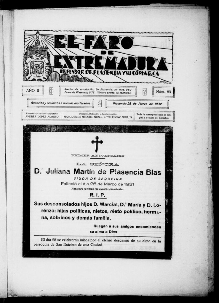 Miniatura de El Faro de Extremadura : periódico defensor de Plasencia y su comarca del 28 de marzo de 1932, nº 83