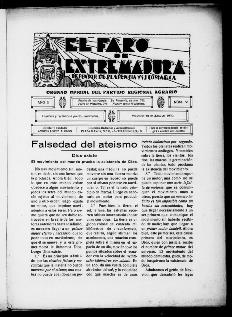 Miniatura de El Faro de Extremadura : periódico defensor de Plasencia y su comarca del 18 de abril de 1932, nº 86