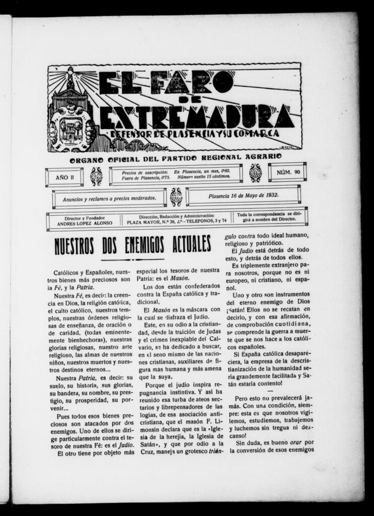 Miniatura de El Faro de Extremadura : periódico defensor de Plasencia y su comarca del 16 de mayo de 1932, nº 90