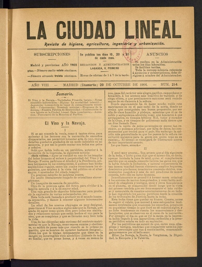 Miniatura de La Ciudad Lineal : órgano oficial de la Compañía Madrileña de Urbanización del 20 de octubre de 1904