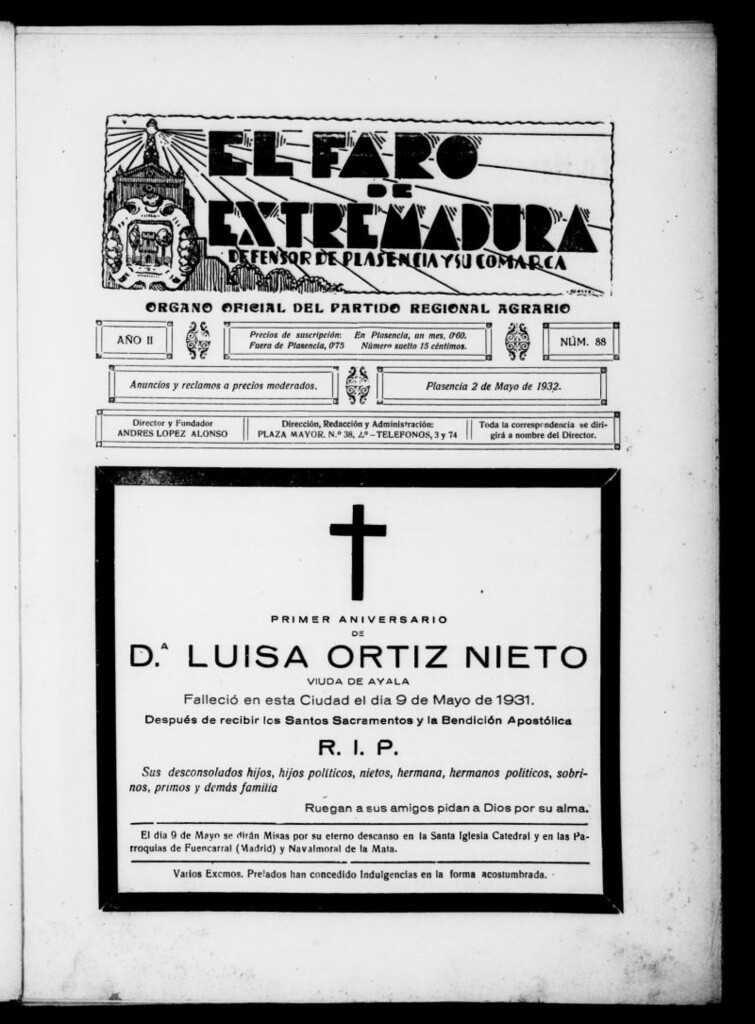 Miniatura de El Faro de Extremadura : periódico defensor de Plasencia y su comarca del 2 de mayo de 1932, nº 88