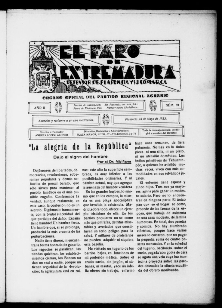 Miniatura de El Faro de Extremadura : periódico defensor de Plasencia y su comarca del 23 de mayo de 1932, nº 91