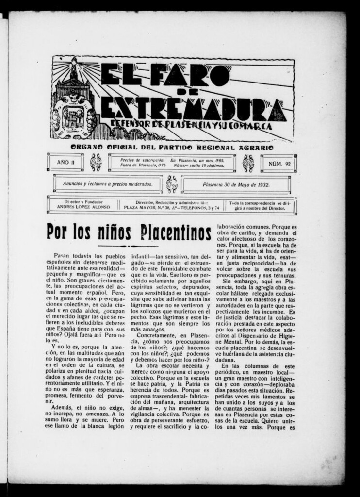 Miniatura de El Faro de Extremadura : periódico defensor de Plasencia y su comarca del 30 de mayo de 1932, nº 92