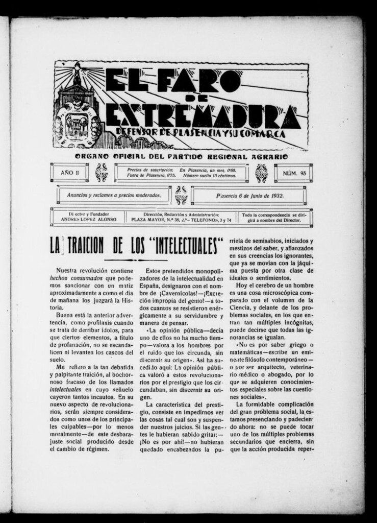 Miniatura de El Faro de Extremadura : periódico defensor de Plasencia y su comarca del 6 de junio de 1932, nº 93