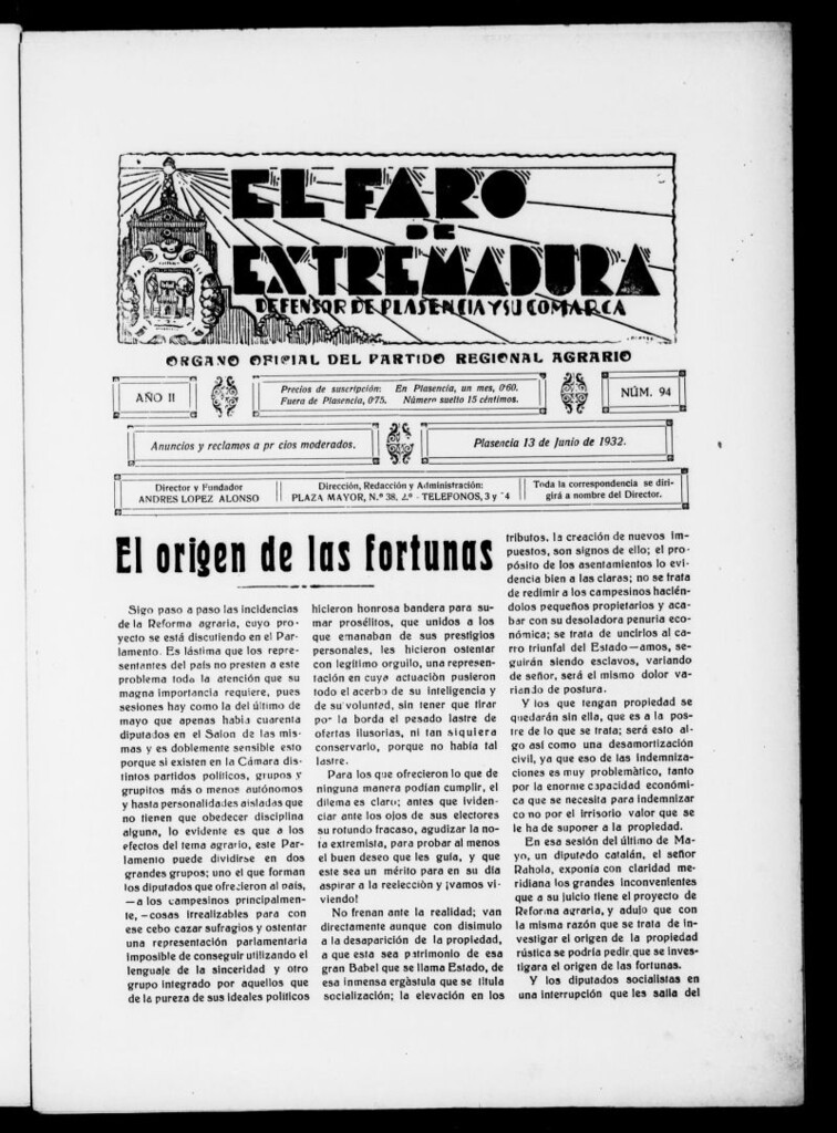 Miniatura de El Faro de Extremadura : periódico defensor de Plasencia y su comarca del 13 de junio de 1932, nº 94