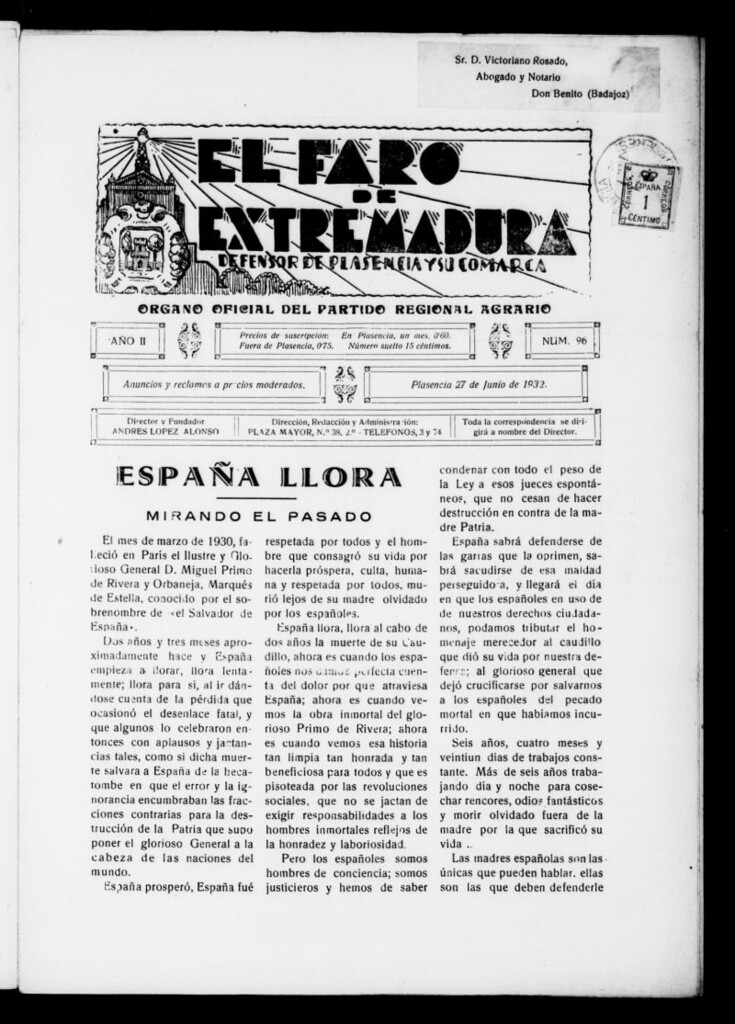 Miniatura de El Faro de Extremadura : periódico defensor de Plasencia y su comarca del 27 de junio de 1932, nº 96