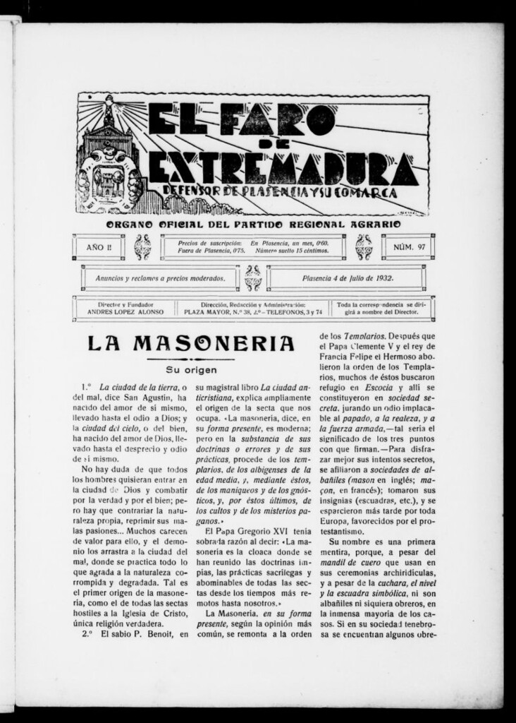 Miniatura de El Faro de Extremadura : periódico defensor de Plasencia y su comarca del 4 de julio de 1932, nº 97