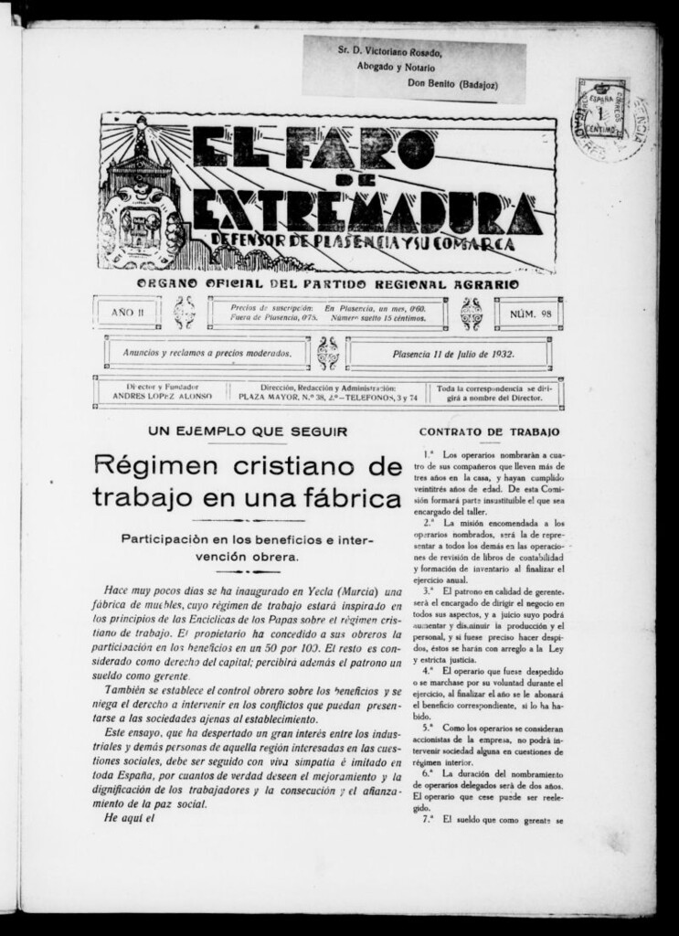 Miniatura de El Faro de Extremadura : periódico defensor de Plasencia y su comarca del 11 de julio de 1932, nº 98
