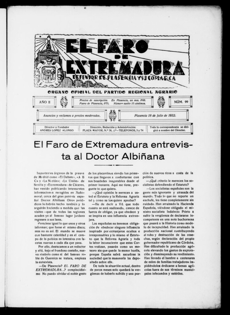 Miniatura de El Faro de Extremadura : periódico defensor de Plasencia y su comarca del 18 de julio de 1932, nº 99