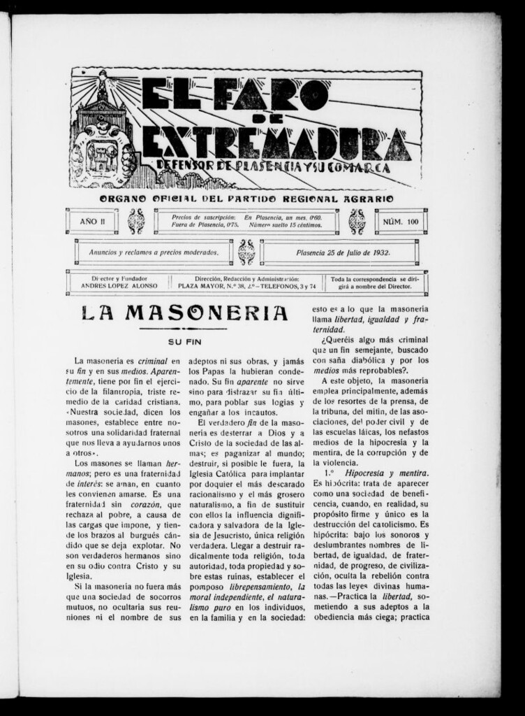 Miniatura de El Faro de Extremadura del 25 de julio de 1932, nº 100