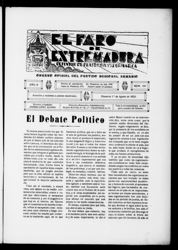 Miniatura de El Faro de Extremadura del 1 de agosto de 1932, nº 101