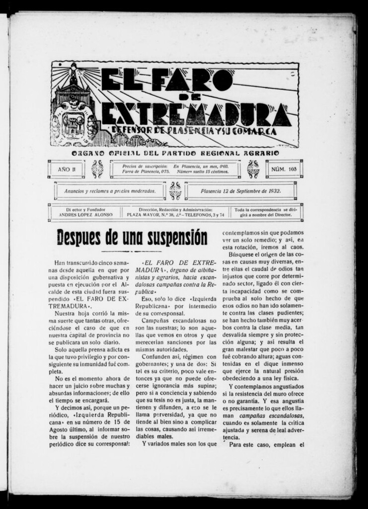 Miniatura de El Faro de Extremadura del 12 de septiembre de 1932, nº 103