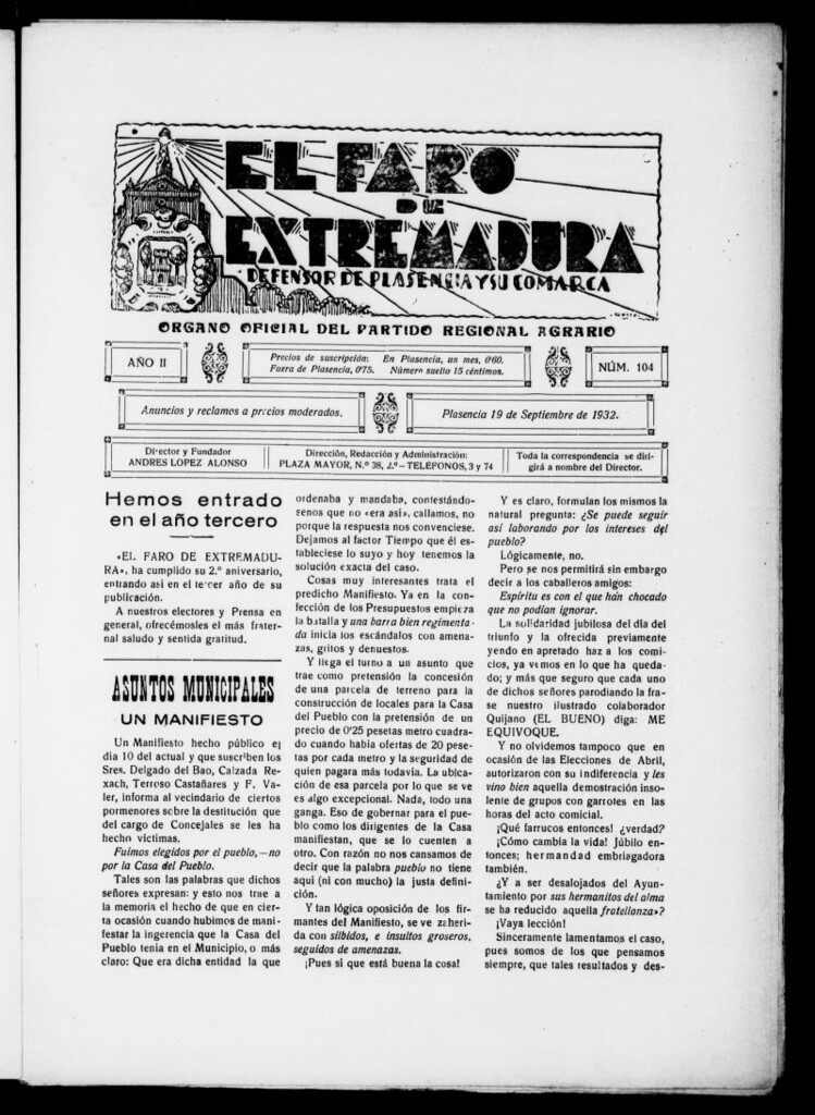 Miniatura de El Faro de Extremadura del 19 de septiembre de 1932, nº 104