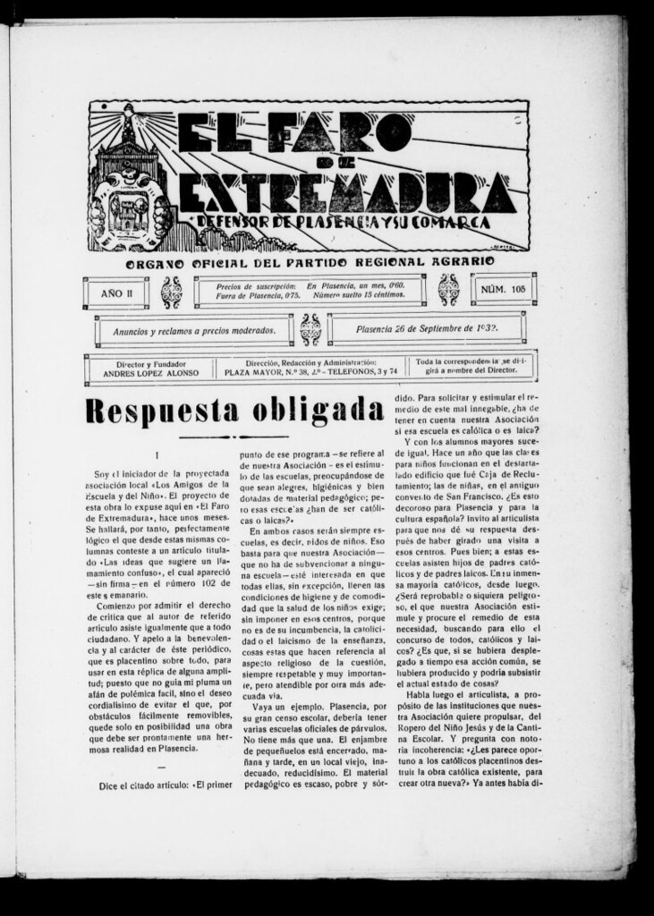 Miniatura de El Faro de Extremadura del 26 de septiembre de 1932, nº 105